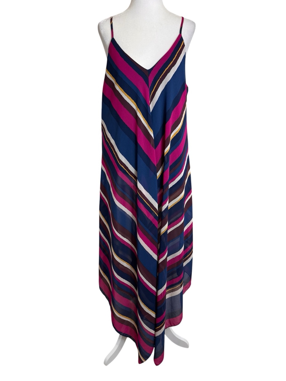 Trina Turk Navy and Fuchsia Striped V-Neck Trapeze Midi Sleeveless Dress Large